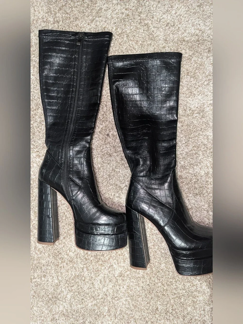 Black Croc-Embossed Platform Block Heel Boots - Women Size 6